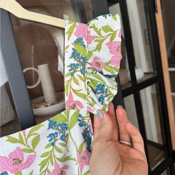 Linen floral block print babydoll mini dress ruffle pyjama square neck flutter - Picture 14 of 14